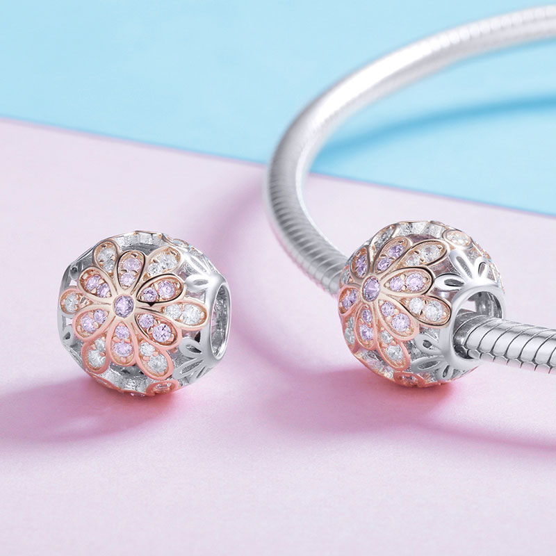 Gnoce Stamen Flower Charm Bead S925 Sterling Silver Inlaid with purple Gemstones_2