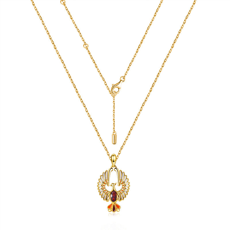 Golden Phoenix Necklace Sterling Silver 18k Gold Plated inlaid with Oval Cut Ruby_2