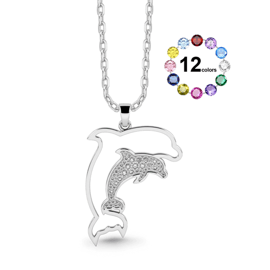 Gnoce Dolphin Necklace Mother & Baby Dolphin Pendant with Customizable Birthstone_1