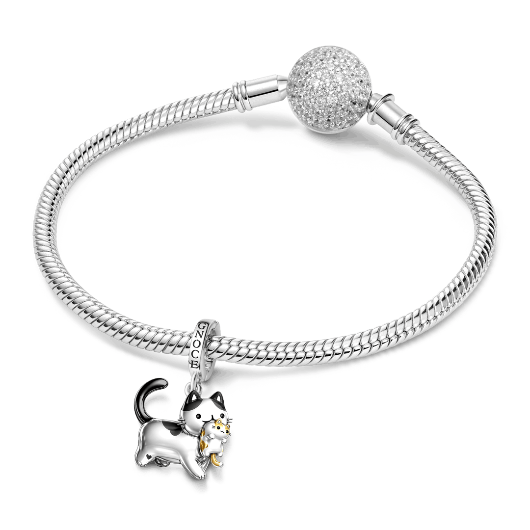 Gnoce Mother's Day Mother Cat Carrying Kitten Pendant Dangle Charm Platinum-plated Silver Blend_3