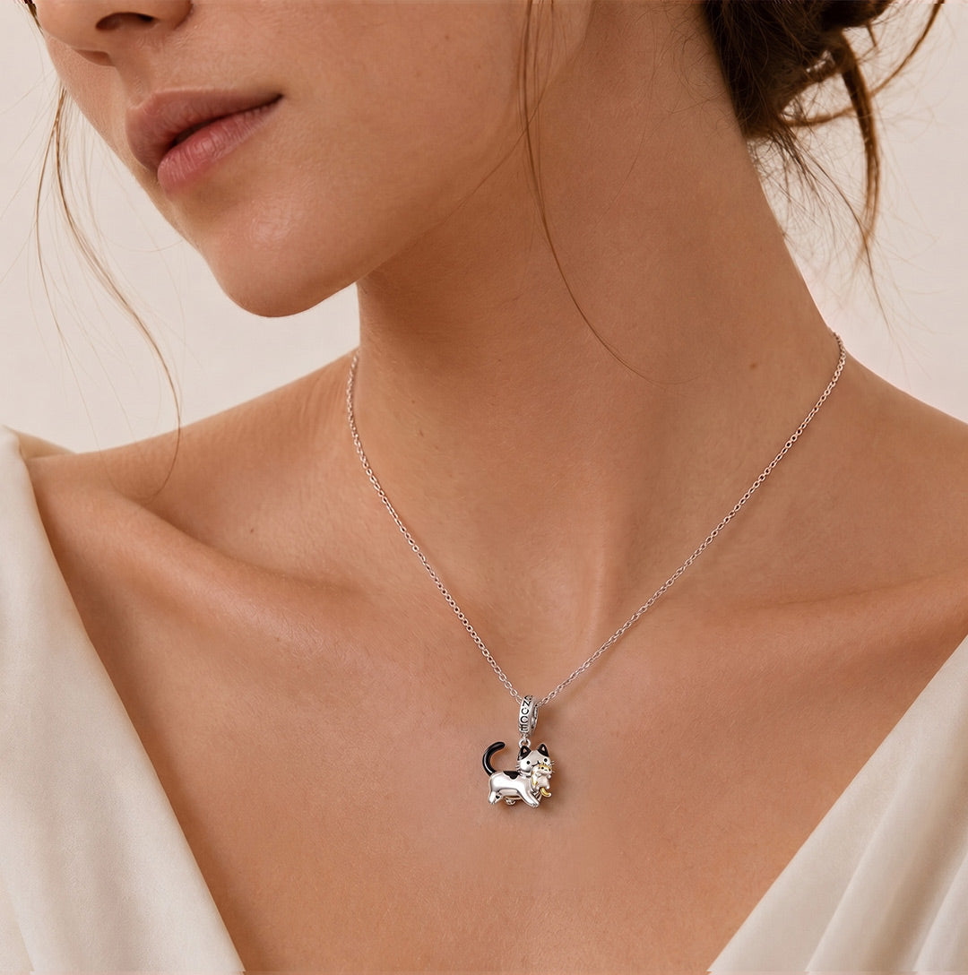 Gnoce Mother's Day Mother Cat Carrying Kitten Pendant Dangle Charm Platinum-plated Silver Blend_4