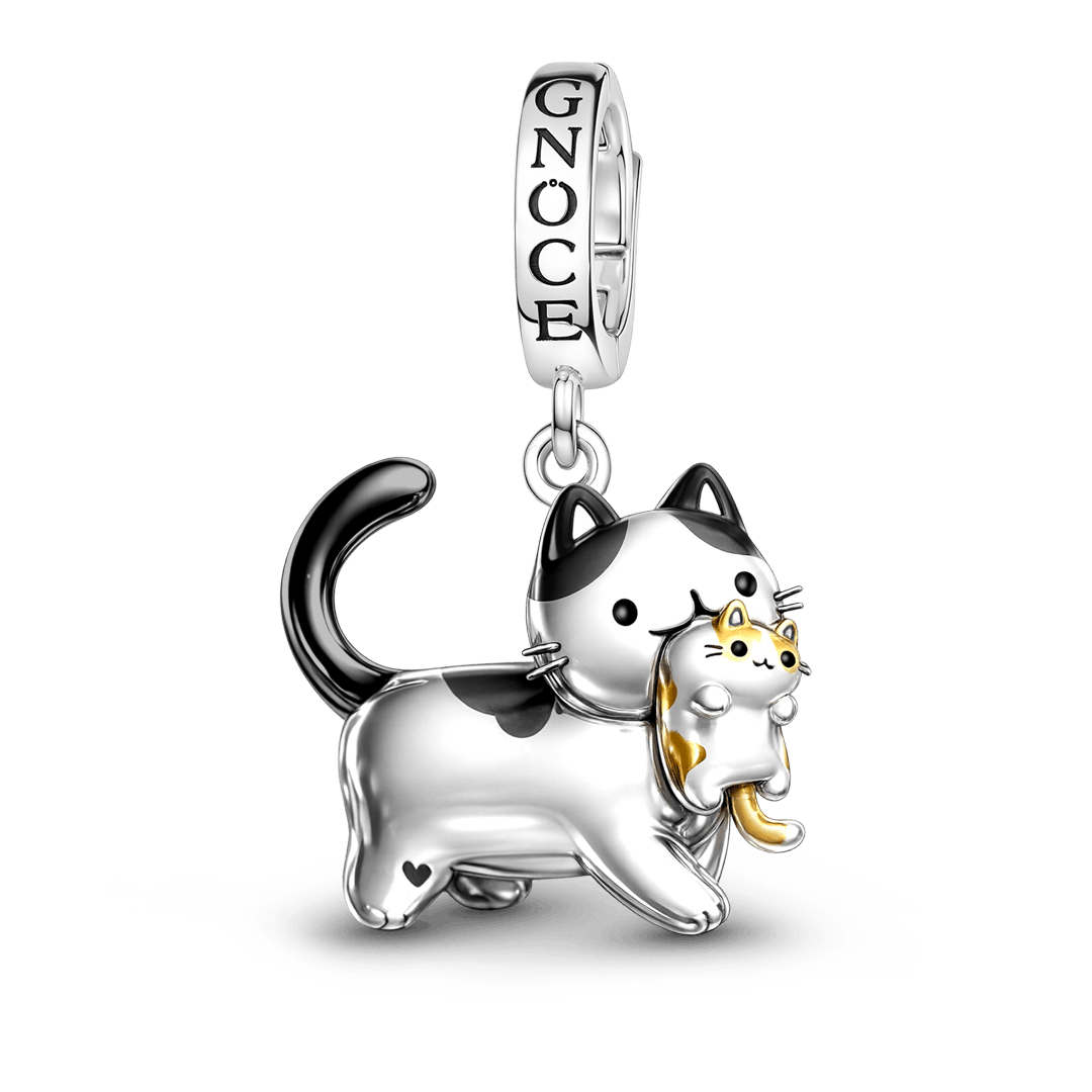 Gnoce Mother's Day Mother Cat Carrying Kitten Pendant Dangle Charm Platinum-plated Silver Blend_1