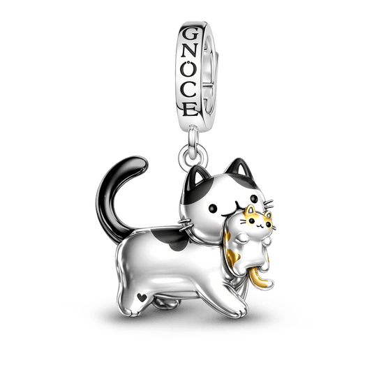 Gnoce Mother's Day Mother Cat Carrying Kitten Pendant Dangle Charm Platinum-plated Silver Blend_1