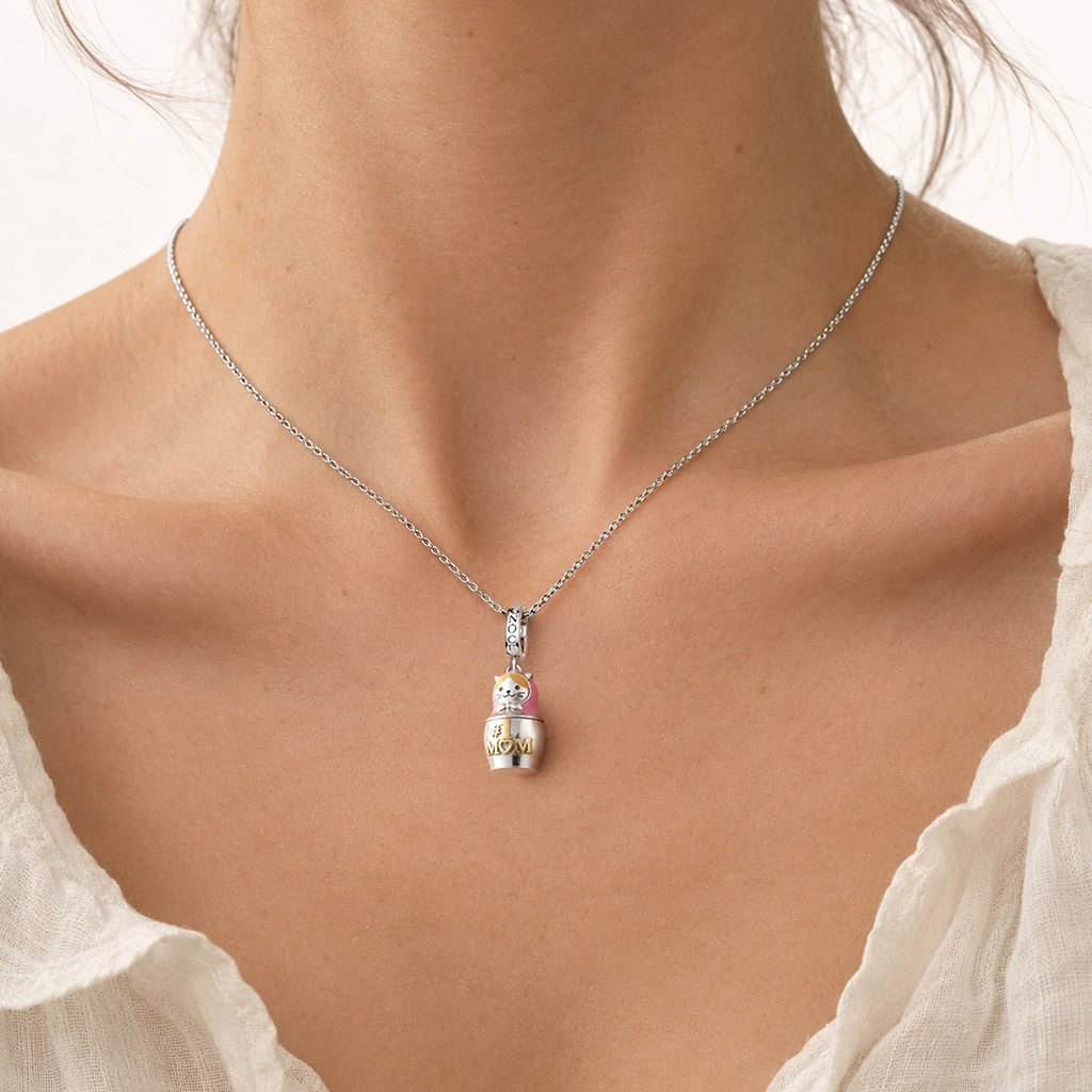 Gnoce Mother & Child Matryoshka Engravable Pendant Dangle Charm Platinum-plated Silver Blend_6